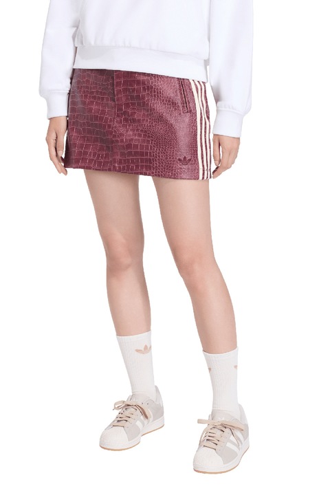 adidas Originals, Fusta mini din piele cu model piele de crocodil, Alb/Rosu prafuit