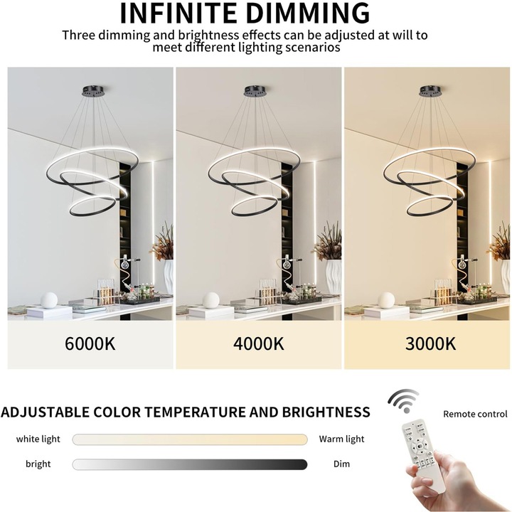 Candelabru Circular, Hompany, 220v, 67w, Diametru 20/40/60 cm, Reglabil la Infinit Cu Telecomanda, Negru