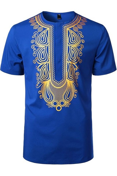 Cămașă tradițională africană Dashiki pentru bărbați, LucMatton, albastră, mărime M, cu maneca scurtă, cu nasturi ascunși