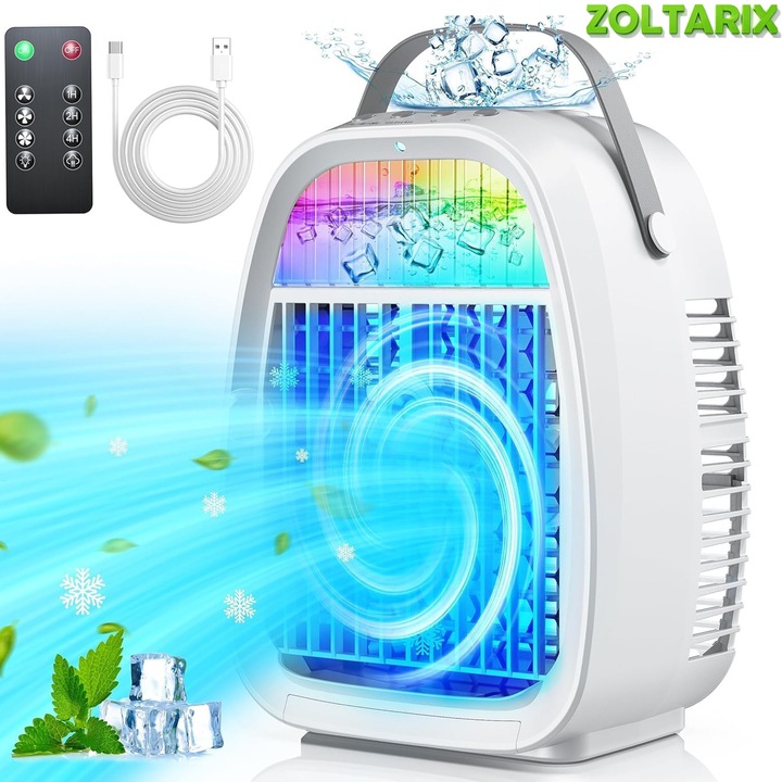 Mini Racitor aer portabil, ZOLTARIX, evaporare Ventilator de ceata,3 viteze, Alimentare USB, umidificator, lumina LED 7 culori, Temporizator, cu telecomanda,1100ml, Alb
