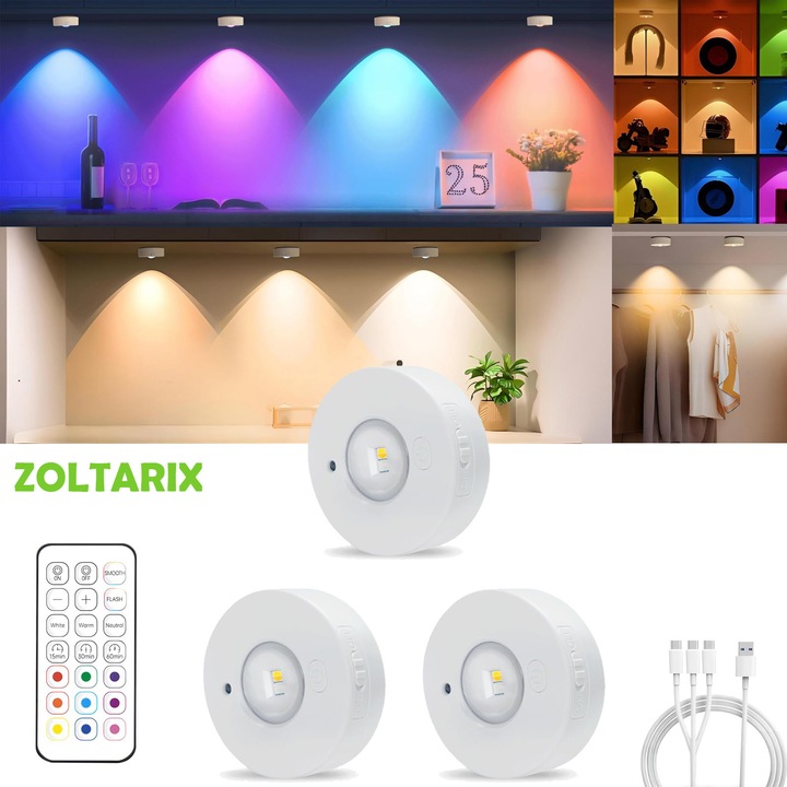 Set 3 Lumina LED de dulap, ZOLTARIX, RGB, reincarcabila, Montare Magnetica, cu telecomanda/temporizator, pentru holuri, scari, camera copilului, bucatarie, garderoba, vitrina, iluminat rafturi