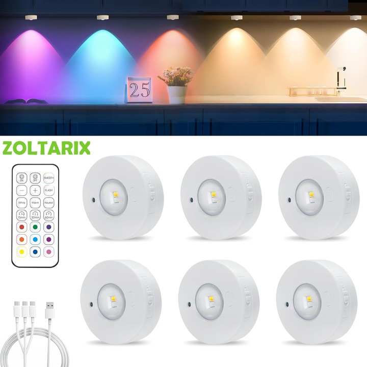 Set 6 Lumina LED de dulap, ZOLTARIX, RGB, reincarcabila, Montare Magnetica, cu telecomanda/temporizator, pentru holuri, scari, camera copilului, bucatarie, garderoba, vitrina, iluminat rafturi