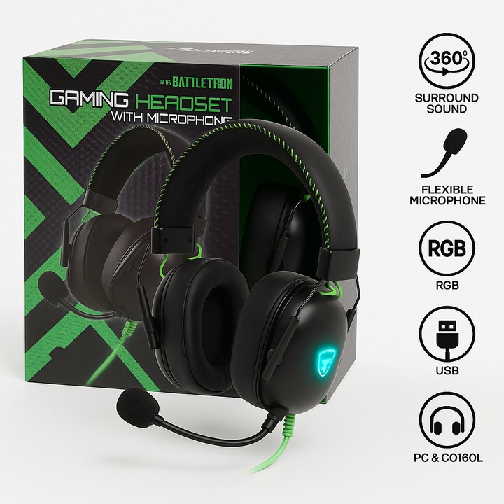 Casti gaming s-Eye Battletron cu sunet surround 360 grade RGB, microfon flexibil USB si pernite over ear confortabile