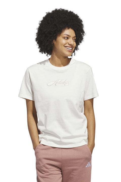 adidas Sportswear, Tricou din bumbac Cursive, Alb murdar