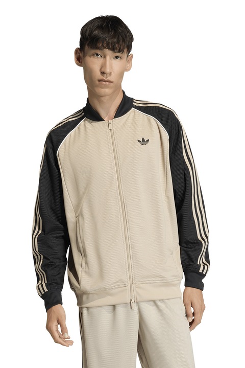 adidas Originals, Bluza de trening cu fermoar si guler baseball SST, Negru/Bej inchis