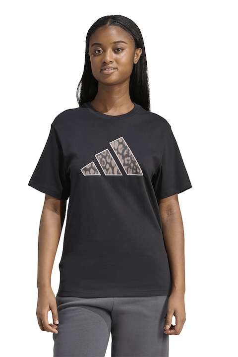 adidas Sportswear, Tricou cu decolteu la baza gatului si logo, Negru stins/Maro nisip