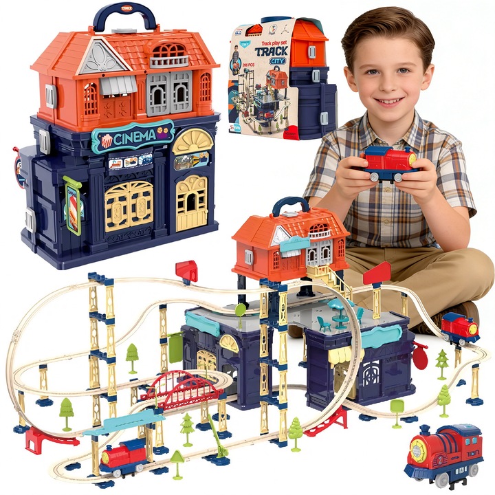 BYONDSELF® Elektromos Vonatszett Fényekkel és Hangokkal, 206 darabos, Mozdonnyal, Alagutakkal és Kiegészítőkkel, Egyenes, Ívelt és Körsíneket Tartalmaz, 2*AAA Elemmel, Tárolódobozzal, 3 Év+