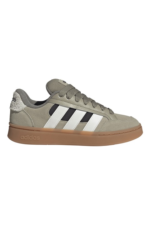 adidas Sportswear, Pantofi sport Grand Court Alpha din piele intoarsa cu cusaturi contrastante, Alb/Negru/Maro taupe deschis