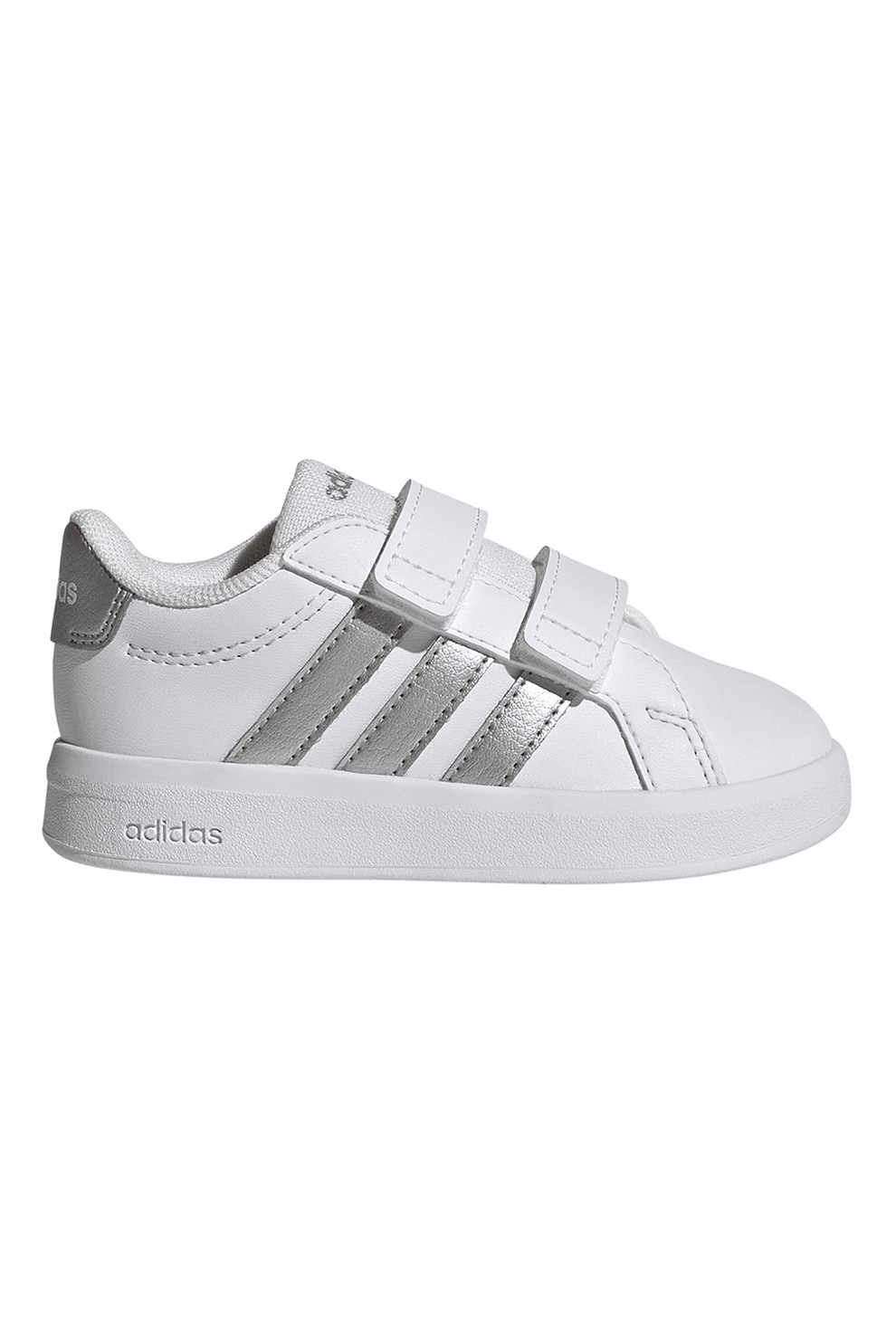 adidas Sportswear, Pantofi sport Grand Court 3.0 de piele ecologica cu benzi velcro, Alb, Argintiu, 26.5 EU