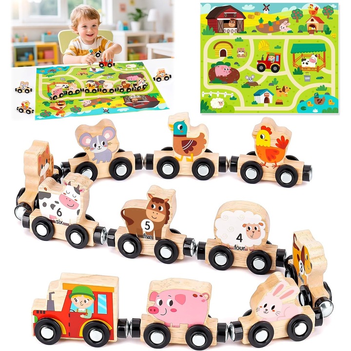 Circuit Tren, BYONDSELF®, 42 PCS, cu 11 Magnetic Vagon, 10 Tipuri Animale, 0-11 Numere, din Lemn, cu Geanta de Depozitare, Saltea de Joaca cu Tema Ferma, pentru Baieti si Fete, 18 luni+