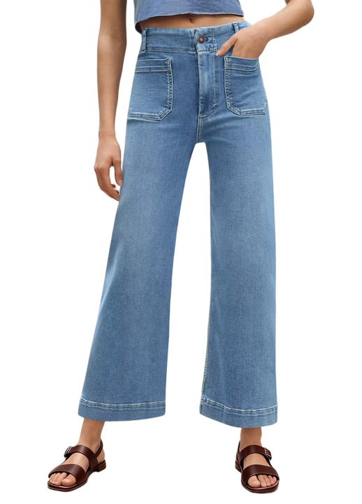 Pantaloni Jeans Dins Trend pentru Femei, Inalti in Talie Elasticizati, Croppati, Albastru