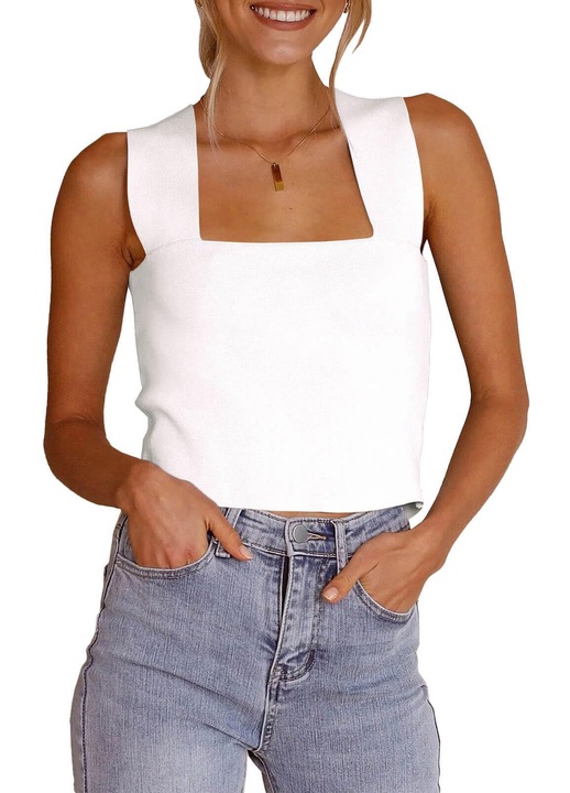 Дамски потник с широки презрамки и квадратно деколте, черен, Бял