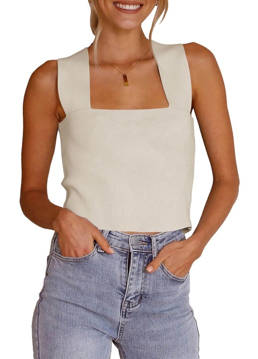 Дамски потник с широки презрамки и квадратно деколте, черен, Бежов