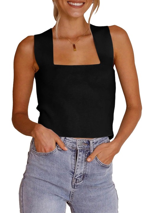 Дамски потник с широки презрамки и квадратно деколте, черен, Черен