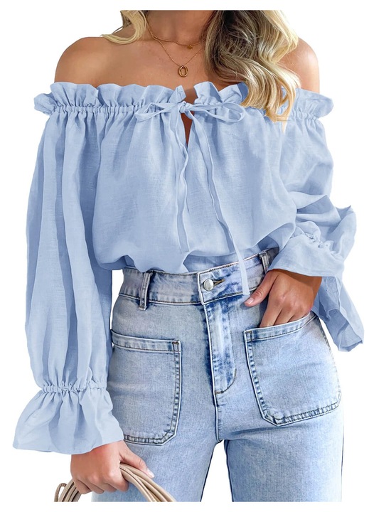 Topuri fara umar pentru femei, cu maneci lungi baloane, nasture in fata, taiere larga, albastru, Albastru