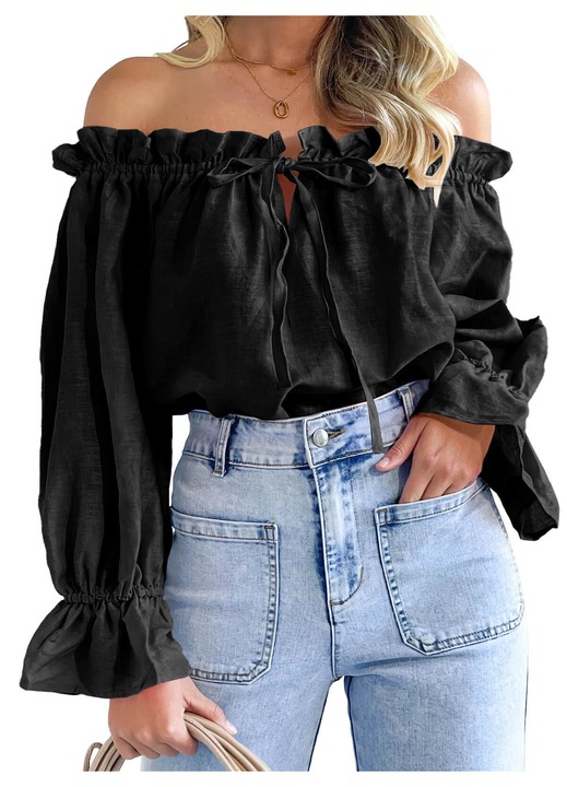 Topuri fara umar pentru femei, cu maneci lungi baloane, nasture in fata, taiere larga, albastru, Negru