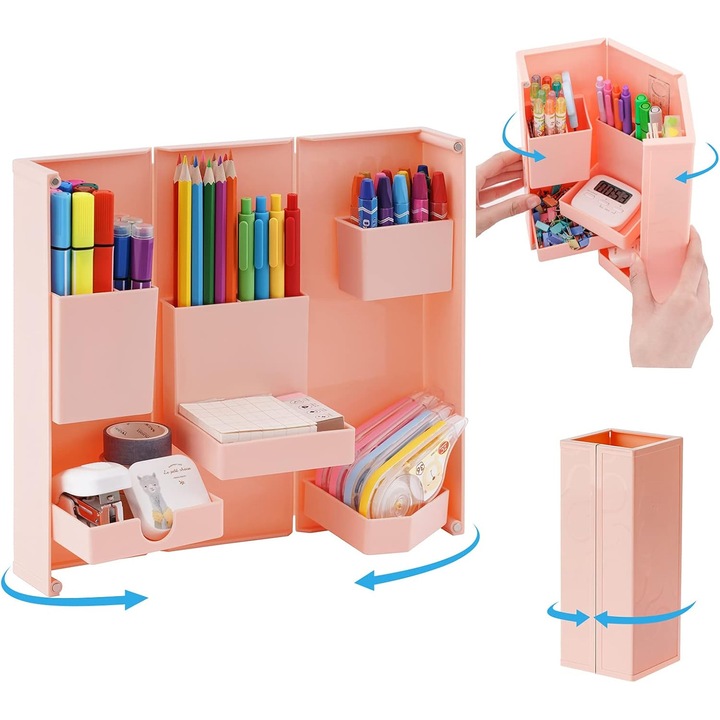 Suport birou pliabil Herusi, organizator magnetic, roz, 24x28cm