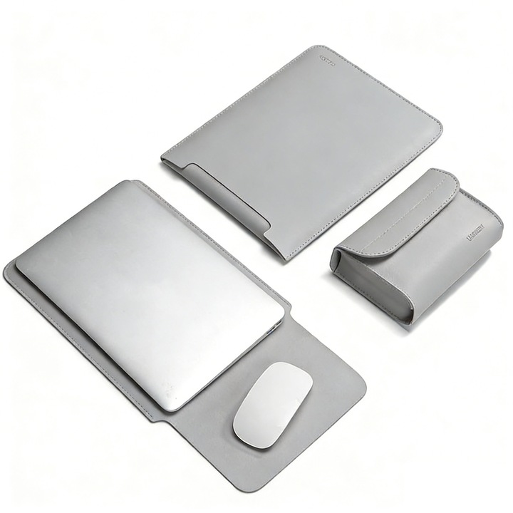 2 in 1 Husa Laptop 14 inch, asskanaer, Cu geanta de depozitare pentru accesorii, Rezistent la cadere, Rezistent la apa, Impermeabil si rezistent la zgarieturi, Protectie 360, Portabil, Design slim, Piele PU premium, 35*25.5*1cm, Gri