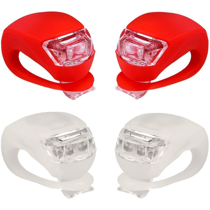 Set lumini bicicleta HERUSI, LED, silicon, alb si rosu, 4 piese