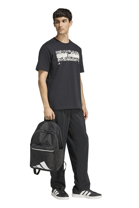 adidas Sportswear, Tricou cu decolteu la baza gatului si imprimeu, Negru/Alb murdar