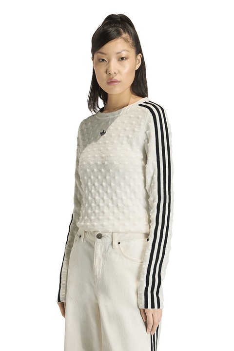 adidas Originals, Bluza texturata din amestec de lana, Alb fildes/Negru