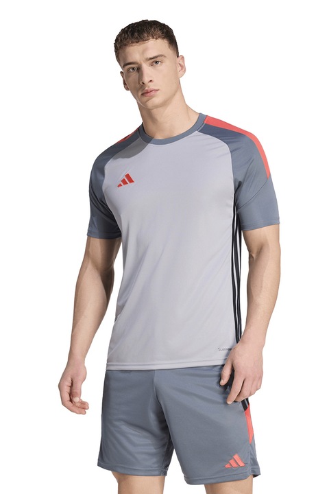 adidas Performance, Tricou cu decolteu rotund pentru fotbal Tiro Essentials, Gri deschis/Gri cenusiu/Portocaliu pal