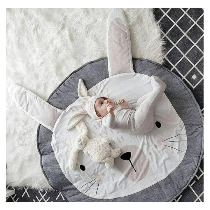 Kerek játszószőnyeg babáknak, nyuszi mintás, szürke, 90cm átmérő