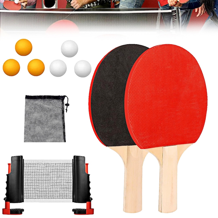 Set 10 Complet de Ping Pong, YOUKUKE®, 2 Palete tenis de masa, 6 mingi, fileu retractabil si geanta transport, design ergonomic, pentru competitii de antrenament sportive in aer liber, Lemn/Plastic, Rosu/Negru