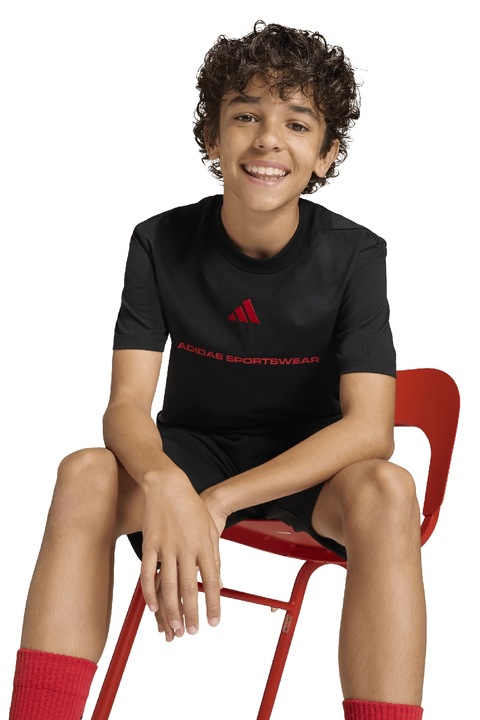 adidas Sportswear, Tricou din bumbac cu decolteu la baza gatului, Negru/Rosu vermillion