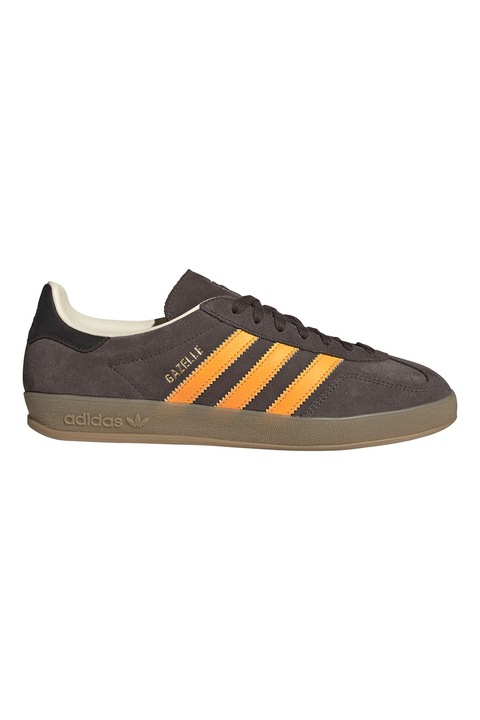 adidas Originals, Pantofi sport Gazelle Indoor de piele intoarsa cu benzi logo contrastante, Maro inchis/Portocaliu mandarina
