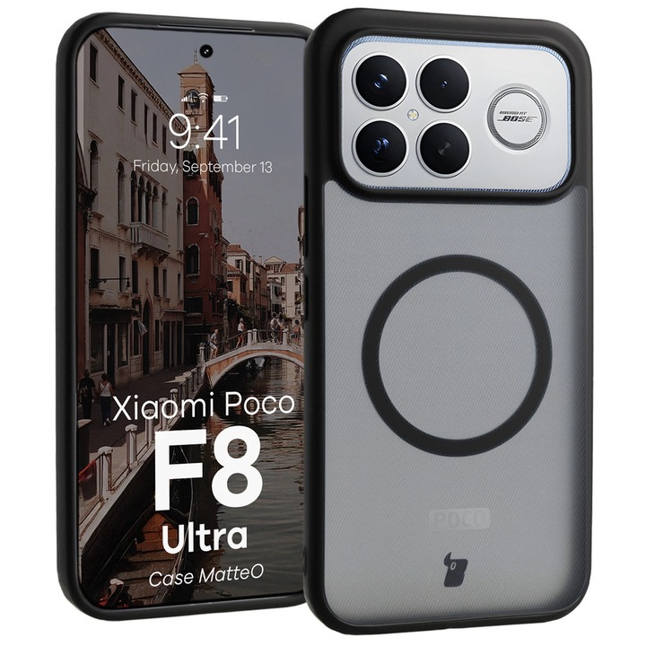 Husa compatibila cu Incarcare Magsafe Bizon Case MatteO pentru Xiaomi POCO F8 Ultra, Translucid cu negru