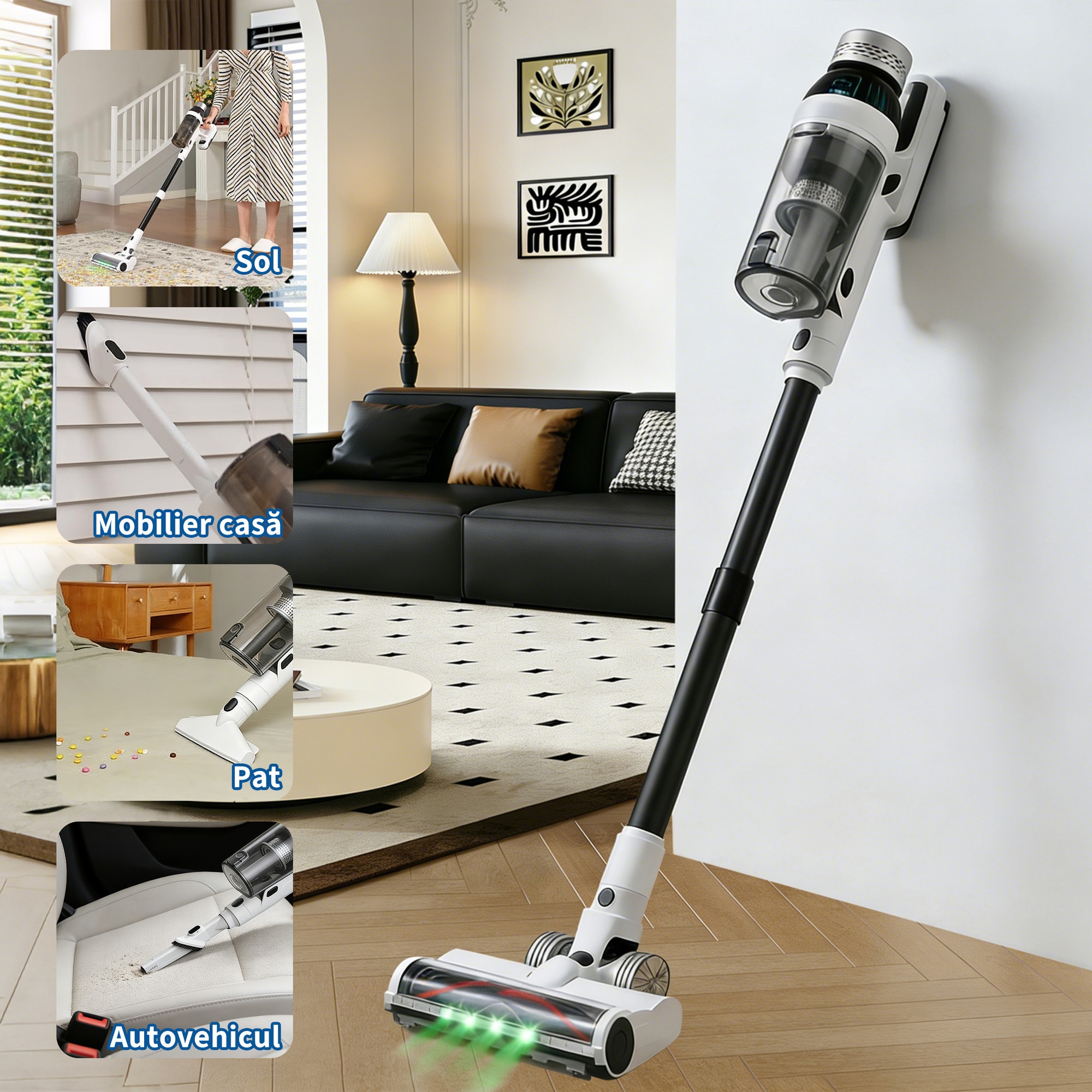 Aspirator vertical AMAS Beauty 2401S6, 23.000Pa, autonomie pana la 60 min, putere de aspirare 200W, volum recipient praf 1.8l, Perie Led, Ecran LCD, 15600mAh, Retractabil, 73dB, Motor fara perii, alb