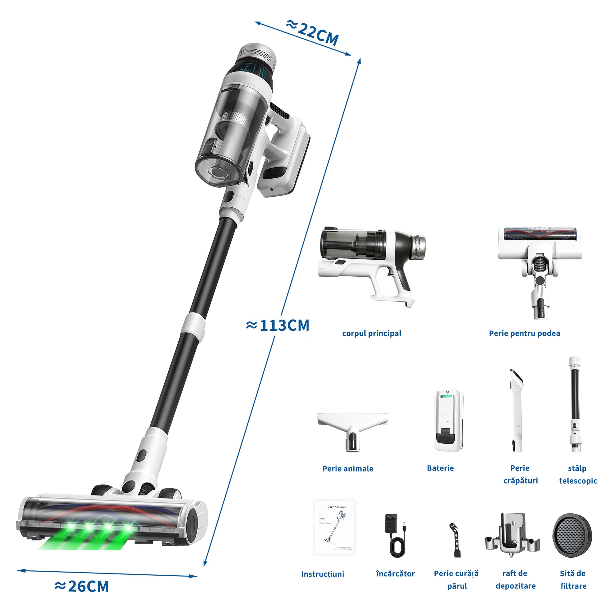 Aspirator vertical AMAS Beauty 2401S6, 23.000Pa, autonomie pana la 60 min, putere de aspirare 200W, volum recipient praf 1.8l, Perie Led, Ecran LCD, 15600mAh, Retractabil, 73dB, Motor fara perii, alb