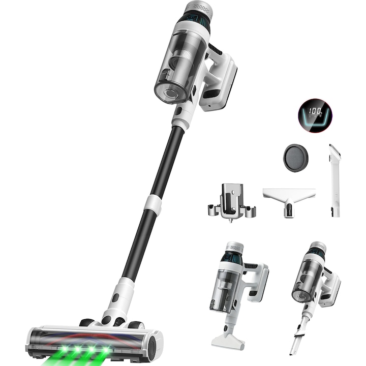 Aspirator vertical AMAS Beauty 2401S6, 23.000Pa, autonomie pana la 60 min, putere de aspirare 200W, volum recipient praf 1.8l, Perie Led, Ecran LCD, 15600mAh, Retractabil, 73dB, Motor fara perii, alb