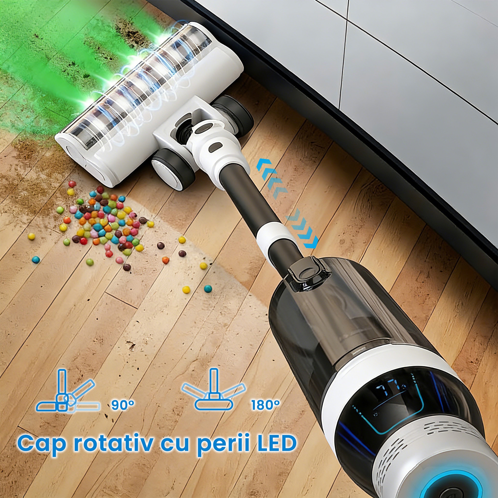 Aspirator vertical AMAS Beauty 2401S6, 23.000Pa, autonomie pana la 60 min, putere de aspirare 200W, volum recipient praf 1.8l, Perie Led, Ecran LCD, 15600mAh, Retractabil, 73dB, Motor fara perii, alb