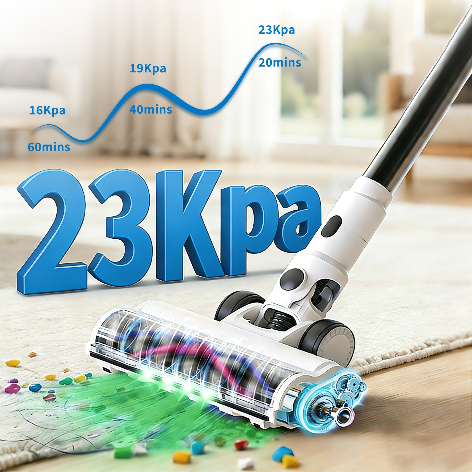 Aspirator vertical AMAS Beauty 2401S6, 23.000Pa, autonomie pana la 60 min, putere de aspirare 200W, volum recipient praf 1.8l, Perie Led, Ecran LCD, 15600mAh, Retractabil, 73dB, Motor fara perii, alb