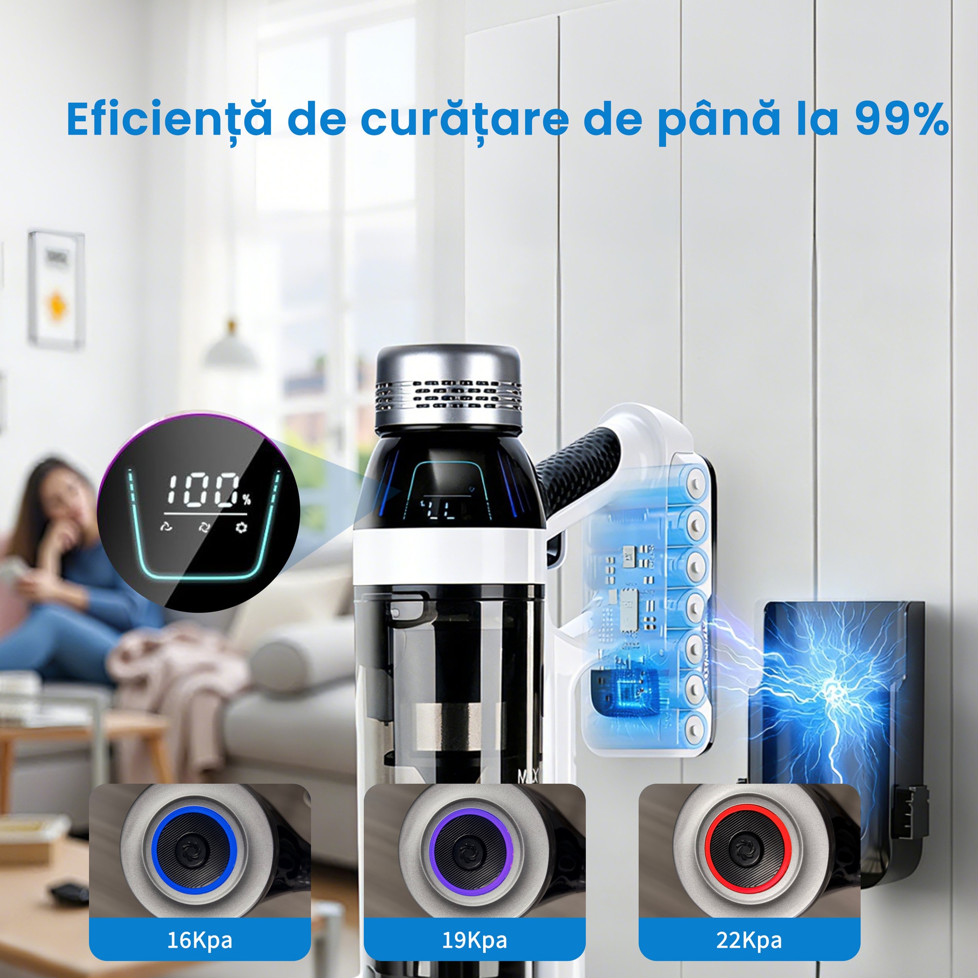 Aspirator vertical AMAS Beauty 2401S6, 23.000Pa, autonomie pana la 60 min, putere de aspirare 200W, volum recipient praf 1.8l, Perie Led, Ecran LCD, 15600mAh, Retractabil, 73dB, Motor fara perii, alb