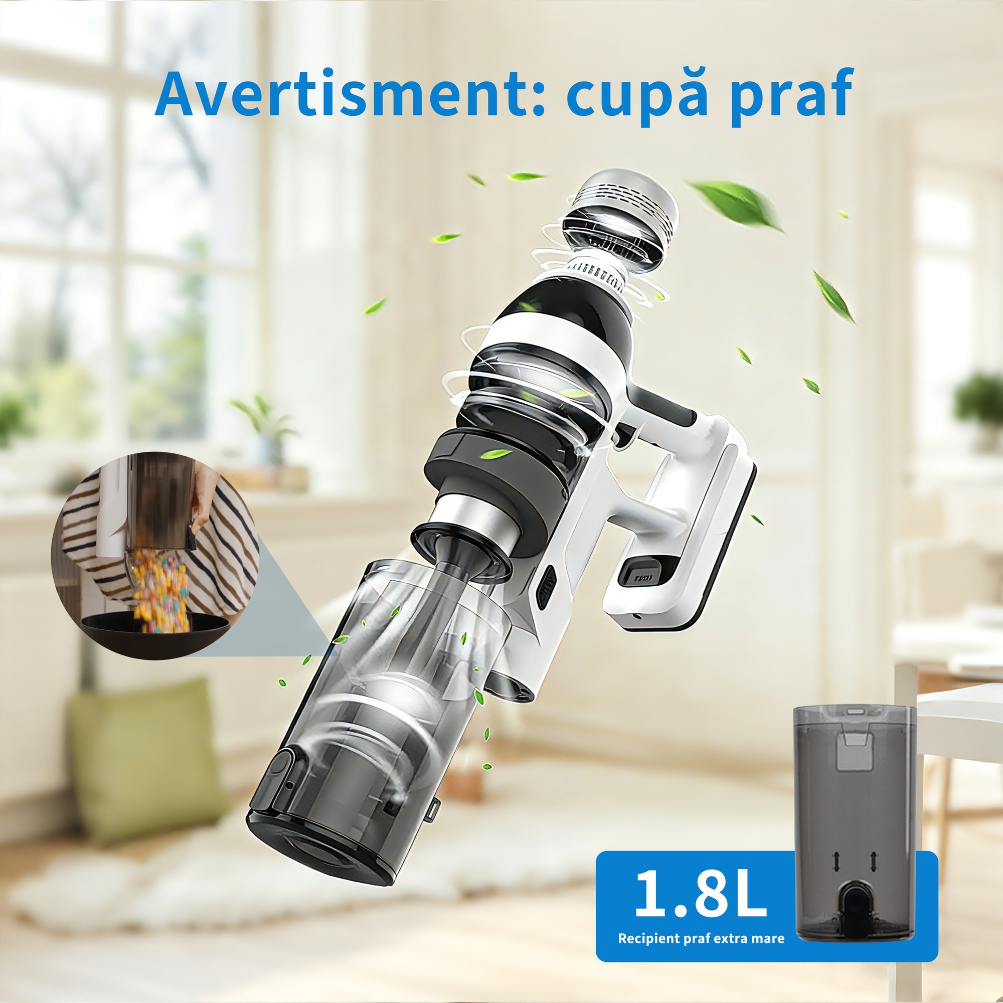 Aspirator vertical AMAS Beauty 2401S6, 23.000Pa, autonomie pana la 60 min, putere de aspirare 200W, volum recipient praf 1.8l, Perie Led, Ecran LCD, 15600mAh, Retractabil, 73dB, Motor fara perii, alb