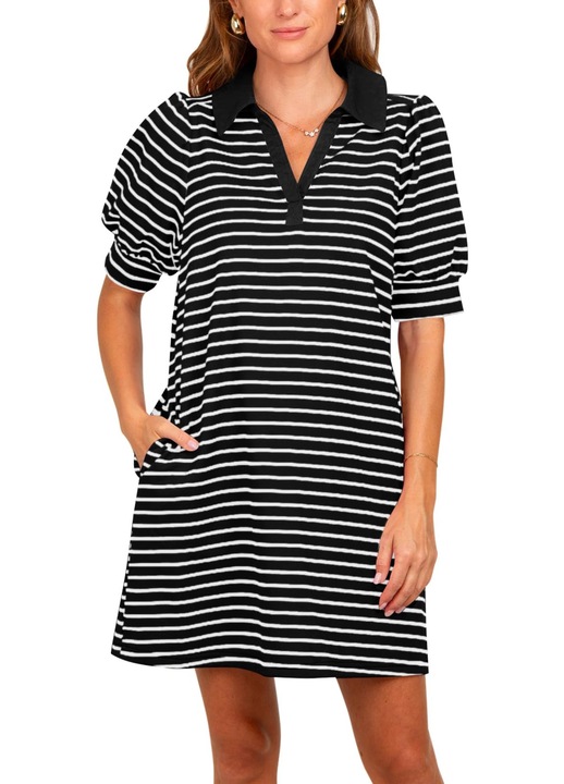 Дамска раирана лятна поло рокля, обръщаща се V-образна яка, буфан ръкав, с джобове, зелена, Черен