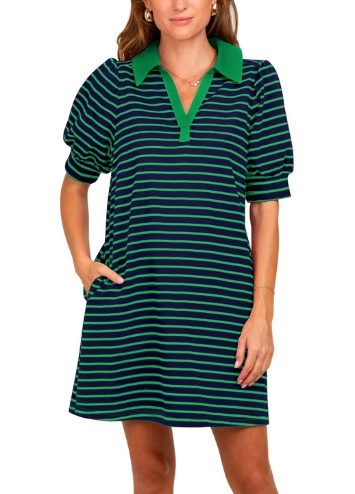 Rochie polo femeie, Imily Bela, dungata vara, guler V reversibil, maneca bufanta, cu buzunare, verde, marime 2XL INTL