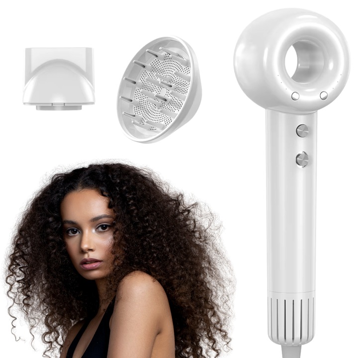 TrustTech professzionális hajszárító, fehér, negatív ion technológia, 1400W, szűkítő és diffúzor, göndör és hullámos hajra