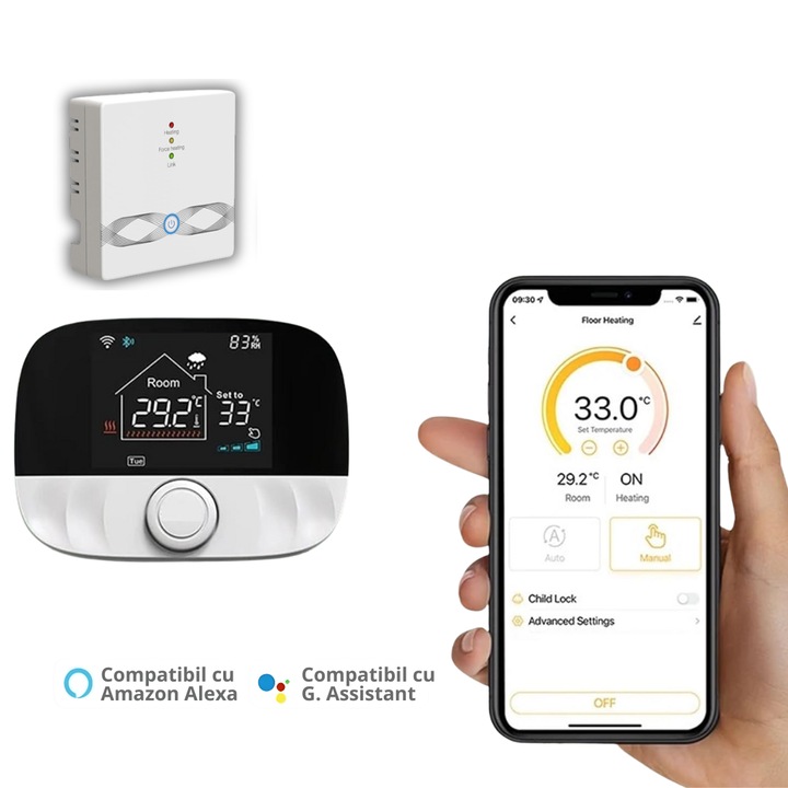 Termostat wireless Deyra, Wi-Fi, programare săptămânală, 2.8", alb