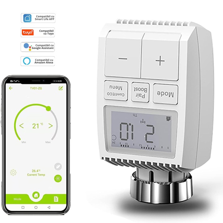 Cap termostatic inteligent Deyra, programare săptămânală, control aplicație, 5-30C, M30x1.5