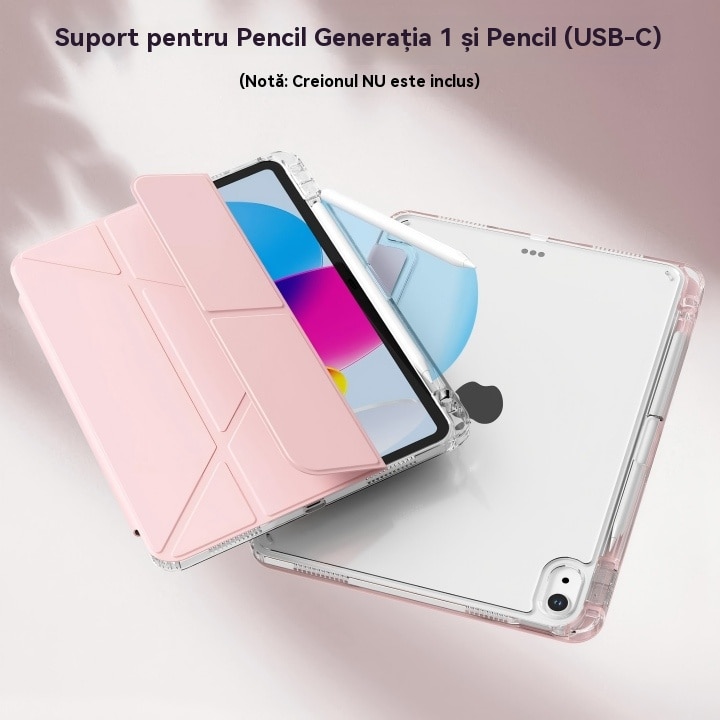 Husa de protectie pentru tableta iPad Air 7 (2025, 13"), pliere 3+Y, suport portret si peisaj, rama transparenta, cu suport pentru creion, Ugo®, roz