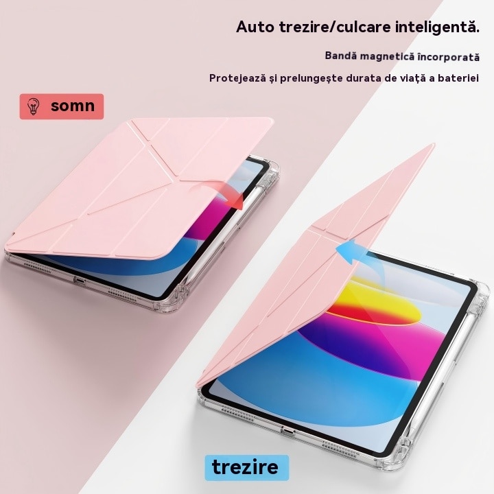 Husa de protectie pentru tableta iPad Air 7 (2025, 13"), pliere 3+Y, suport portret si peisaj, rama transparenta, cu suport pentru creion, Ugo®, roz
