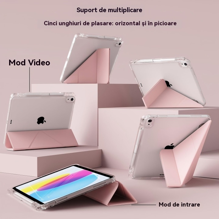 Husa de protectie pentru tableta iPad Air 7 (2025, 13"), pliere 3+Y, suport portret si peisaj, rama transparenta, cu suport pentru creion, Ugo®, roz