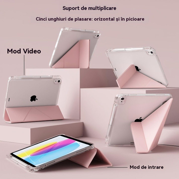 Védőtok iPad Air 6 (2024, 13") tablethez, 3+Y hajtás, álló és fekvő támasz, átlátszó keret, ceruzatartóval, Ugo®, rózsaszín