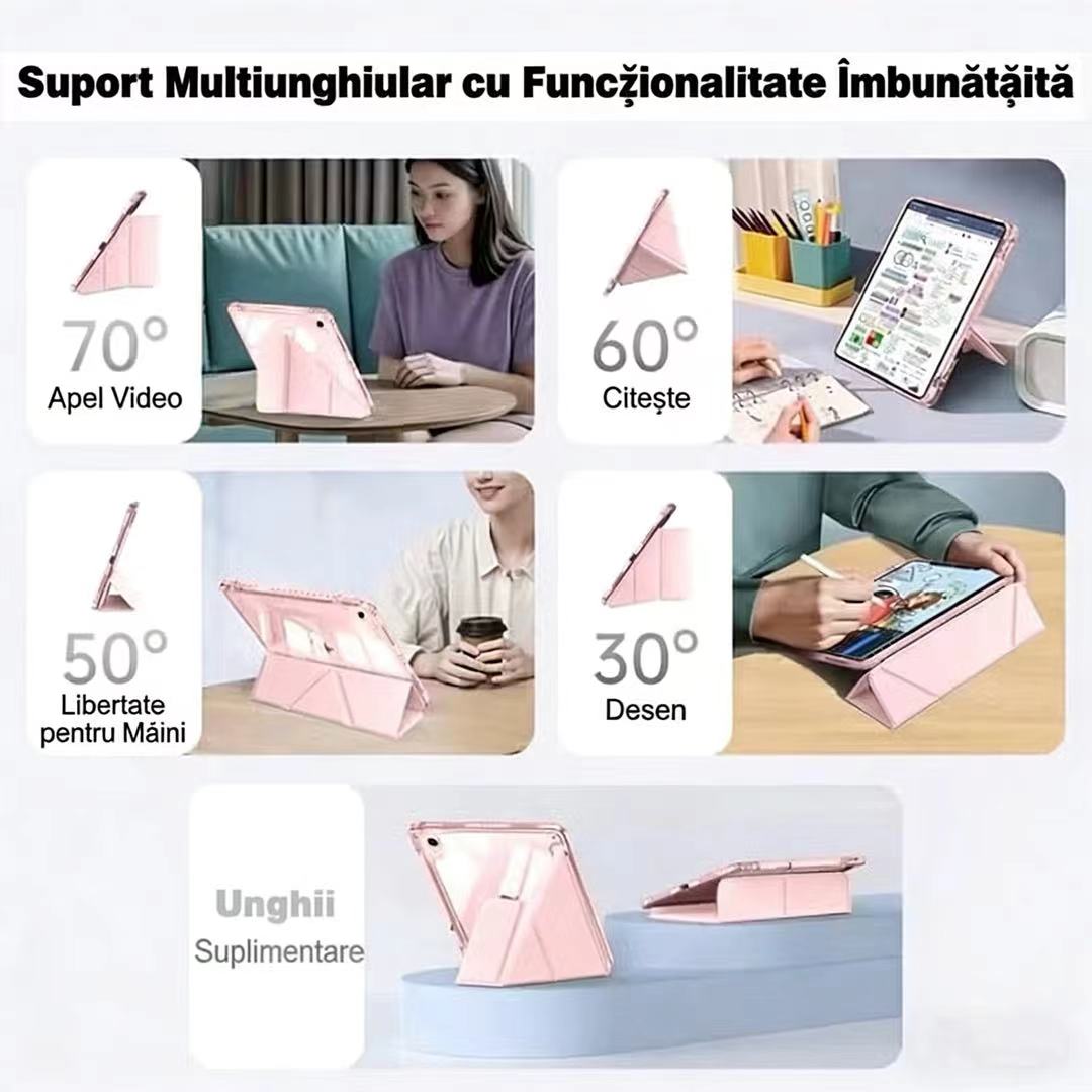 Husa de protectie pentru tableta iPad 11 (2025, 11")/ iPad 10 (2022), pliere 3+Y, suport portret si peisaj, rama transparenta, cu suport pentru creion, cu cadou folie de protectie ecran sticla calita, Ugo®, roz