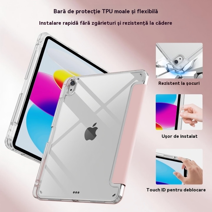Husa de protectie pentru tableta iPad Air 7 (2025, 13"), pliere 3+Y, suport portret si peisaj, rama transparenta, cu suport pentru creion, Ugo®, roz