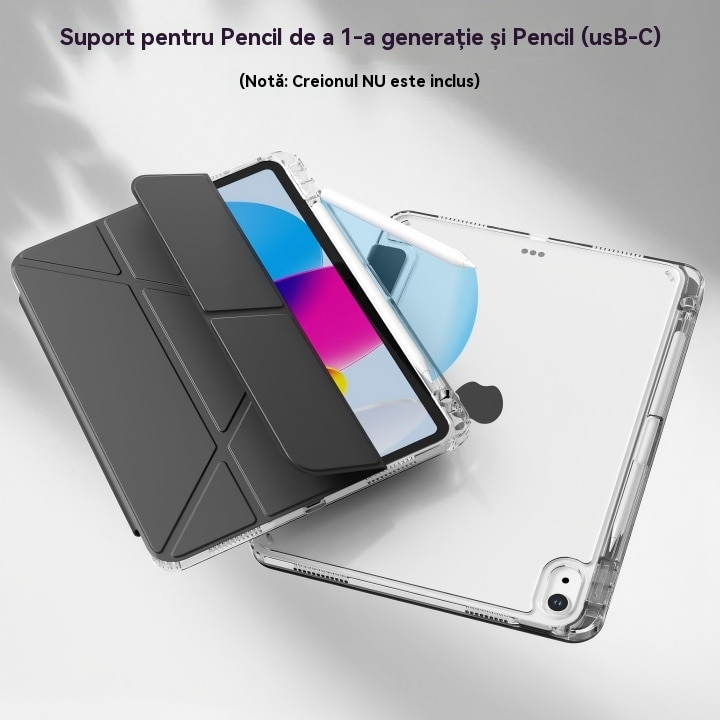 Husa de protectie pentru tableta iPad 10 (2022, 10.9"), pliere 3+Y, suport portret si peisaj, rama transparenta, cu suport pentru creion, Ugo®, neagra